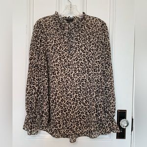 Dynamite Animal Print Long Sleeve Sheer Blouse with ruffled accents
Size M